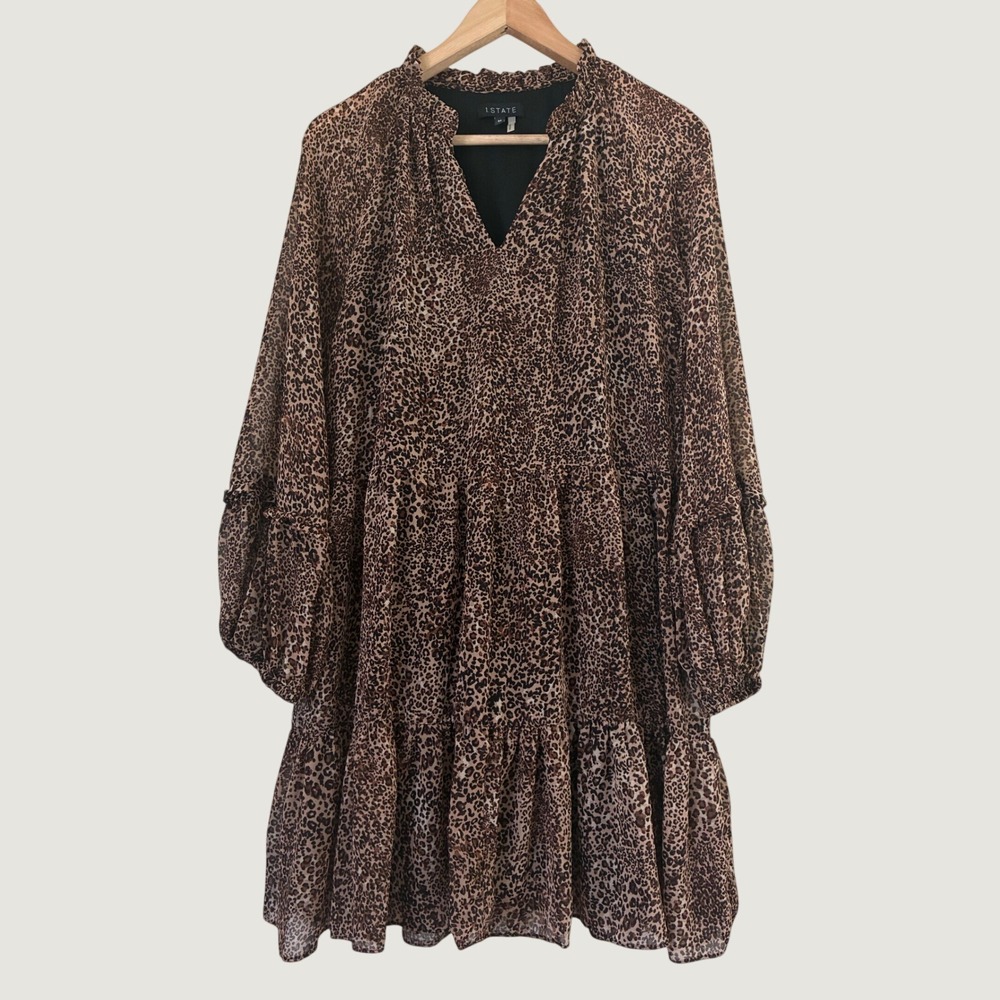 1.STATE Leopard Print Boho Tiered Mini Dress Brown Animal Print Ruffle Neck M